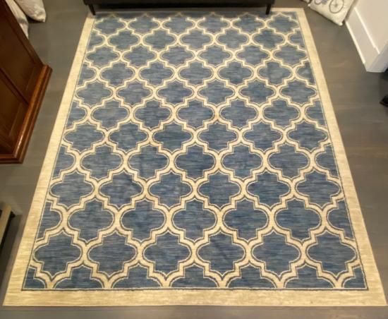 Indoor rug, Moroccan trellis design, blues, approx 8’ x 10