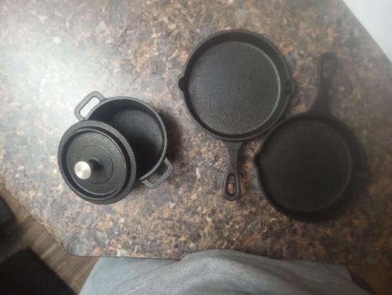 Mini cast iron skillets (2) &amp; mini cast iron crock pot (NEW)